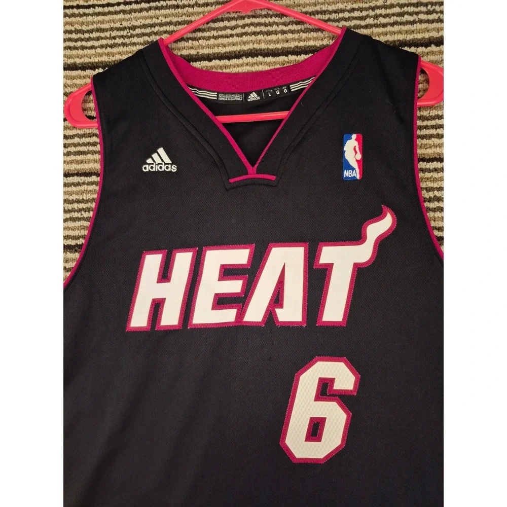 Adidas‎ Miami Heat LeBron James #6 NBA Jersey Black Red Mens Large Length +2